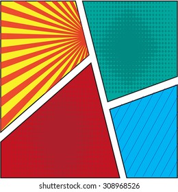 Abstract creative comics pop art style blank layout template with clouds beams and isolated dots pattern on background