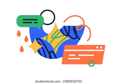 Abstract creative composition. Cute funny elements, trendy geometric shapes, modern decoration. Communication, marketing, messaging concept. Flat vector illustration isolated on white background