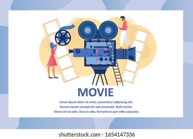 Abstract Creative Composition for Film Making Entertainment Industry with Staff and Professional Equipment as Reel Film and Videocamera. Moviemaking Cartoon Flat Vector Illustration, Horizontal Banner