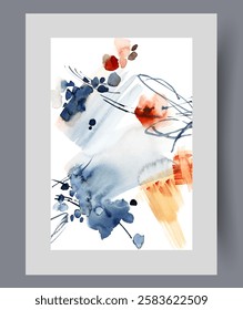 Abstract creative composition with sloppy lines and chaotic spots on wall art. Watercolor print. Artwork with chaotic figures symbolizing hallucinations and fantasy, in frame with decor for poster