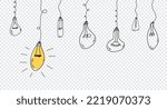 Abstract creative concept background. Hand drawn of hanging light bulbs with one shining. Concept of creative idea in simple linear style. Doodle Light bulb idea. Vector illustration