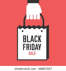 Abstract creative concept  Black Friday Sale poster with hand and shopping bag on red background.Black Friday banner. Flat vector illustration