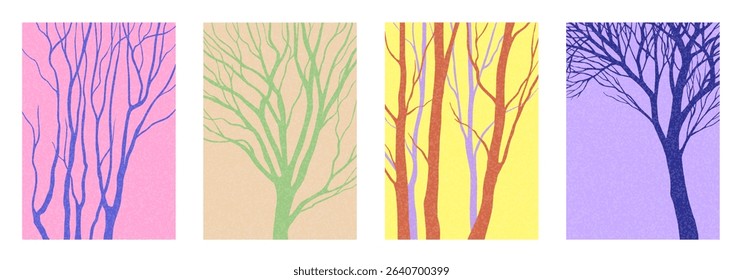 Abstract creative concept of colorful poster set with tree silhouettes. Modern art vector texture background for ads, banner, cover, label, poster, sales, social media, flyer, interior. Ideal template