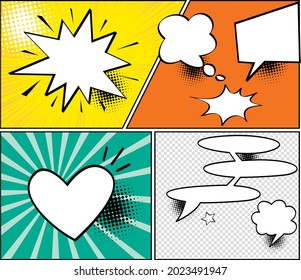 Abstract creative concept comic pop art style blank, layout template with clouds beams and isolated dots background.