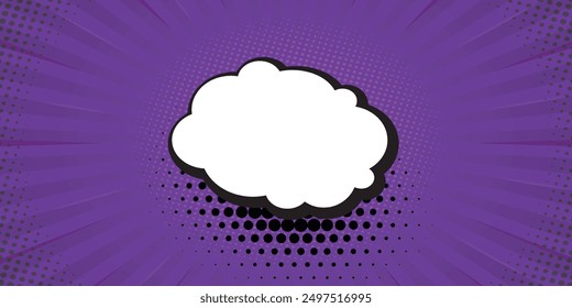 Abstract creative concept comic pop art style blank, layout template with clouds beams and isolated dots background. empty speech bubble, vector illustration halftone book design