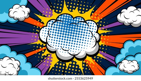 Abstract creative concept comic pop art style blank, layout template with clouds beams and isolated dots background. empty speech bubble, vector illustration halftone book design