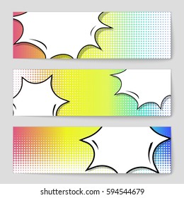 Abstract creative concept comic pop art style blank, layout template with clouds beams and isolated dots background. For sale banner, empty speech bubble set, vector illustration halftone book design