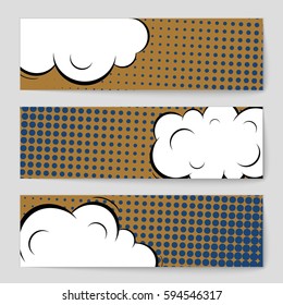 Abstract creative concept comic pop art style blank, layout template with clouds beams and isolated dots background. For sale banner, empty speech bubble set, vector illustration halftone book design