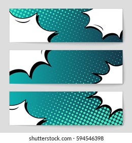Abstract creative concept comic pop art style blank, layout template with clouds beams and isolated dots background. For sale banner, empty speech bubble set, vector illustration halftone book design