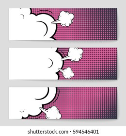 Abstract creative concept comic pop art style blank, layout template with clouds beams and isolated dots background. For sale banner, empty speech bubble set, vector illustration halftone book design