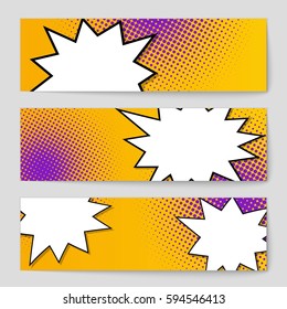 Abstract creative concept comic pop art style blank, layout template with clouds beams and isolated dots background. For sale banner, empty speech bubble set, vector illustration halftone book design