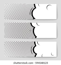 Abstract creative concept comic pop art style blank, layout template with clouds beams and isolated dots background. For sale banner, empty speech bubble set, vector illustration halftone book design