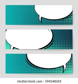Abstract creative concept comic pop art style blank, layout template with clouds beams and isolated dots background. For sale banner, empty speech bubble set, vector illustration halftone book design