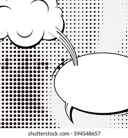 Abstract creative concept comic pop art style blank, layout template with clouds beams and isolated dots background. For sale banner, empty speech bubble set, vector illustration halftone book design