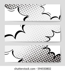 Abstract creative concept comic pop art style blank, layout template with clouds beams and isolated dots background. For sale banner, empty speech bubble set, vector illustration halftone book design