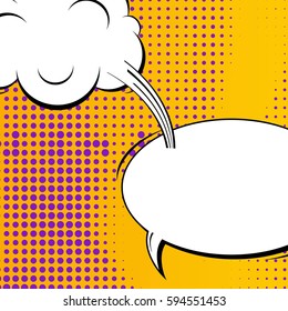 Abstract creative concept comic pop art style blank, layout template with clouds beams and isolated dots background. For sale banner, empty speech bubble set, vector illustration halftone book design