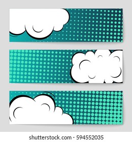 Abstract creative concept comic pop art style blank, layout template with clouds beams and isolated dots background. For sale banner, empty speech bubble set, vector illustration halftone book design