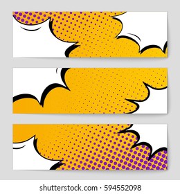 Abstract creative concept comic pop art style blank, layout template with clouds beams and isolated dots background. For sale banner, empty speech bubble set, vector illustration halftone book design