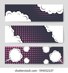 Abstract creative concept comic pop art style blank, layout template with clouds beams and isolated dots background. For sale banner, empty speech bubble set, vector illustration halftone book design