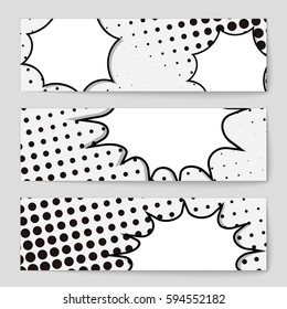 Abstract creative concept comic pop art style blank, layout template with clouds beams and isolated dots background. For sale banner, empty speech bubble set, vector illustration halftone book design