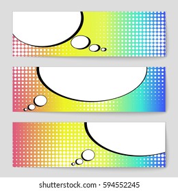 Abstract creative concept comic pop art style blank, layout template with clouds beams and isolated dots background. For sale banner, empty speech bubble set, vector illustration halftone book design