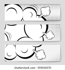 Abstract creative concept comic pop art style blank, layout template with clouds beams and isolated dots background. For sale banner, empty speech bubble set, vector illustration halftone book design