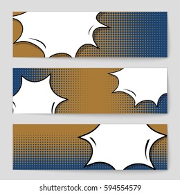 Abstract creative concept comic pop art style blank, layout template with clouds beams and isolated dots background. For sale banner, empty speech bubble set, vector illustration halftone book design