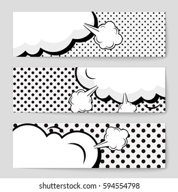 Abstract creative concept comic pop art style blank, layout template with clouds beams and isolated dots background. For sale banner, empty speech bubble set, vector illustration halftone book design