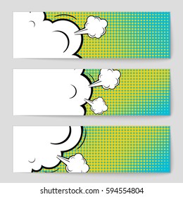 Abstract creative concept comic pop art style blank, layout template with clouds beams and isolated dots background. For sale banner, empty speech bubble set, vector illustration halftone book design