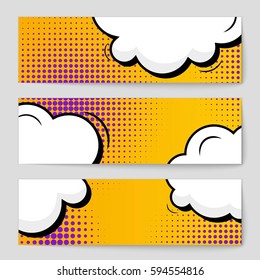 Abstract creative concept comic pop art style blank, layout template with clouds beams and isolated dots background. For sale banner, empty speech bubble set, vector illustration halftone book design