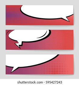Abstract creative concept comic pop art style blank, layout template with clouds beams and isolated dots background. For sale banner, empty speech bubble set, vector illustration halftone book design