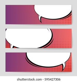 Abstract creative concept comic pop art style blank, layout template with clouds beams and isolated dots background. For sale banner, empty speech bubble set, vector illustration halftone book design