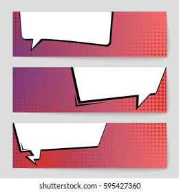 Abstract creative concept comic pop art style blank, layout template with clouds beams and isolated dots background. For sale banner, empty speech bubble set, vector illustration halftone book design