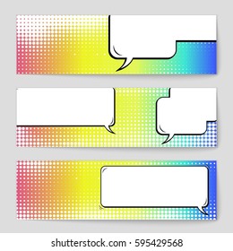 Abstract creative concept comic pop art style blank, layout template with clouds beams and isolated dots background. For sale banner, empty speech bubble set, vector illustration halftone book design