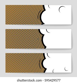 Abstract creative concept comic pop art style blank, layout template with clouds beams and isolated dots background. For sale banner, empty speech bubble set, vector illustration halftone book design