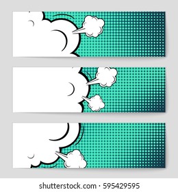 Abstract creative concept comic pop art style blank, layout template with clouds beams and isolated dots background. For sale banner, empty speech bubble set, vector illustration halftone book design