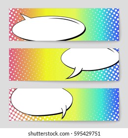 Abstract creative concept comic pop art style blank, layout template with clouds beams and isolated dots background. For sale banner, empty speech bubble set, vector illustration halftone book design