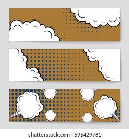 Abstract creative concept comic pop art style blank, layout template with clouds beams and isolated dots background. For sale banner, empty speech bubble set, vector illustration halftone book design
