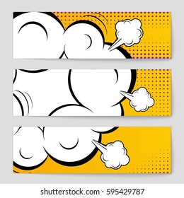 Abstract creative concept comic pop art style blank, layout template with clouds beams and isolated dots background. For sale banner, empty speech bubble set, vector illustration halftone book design