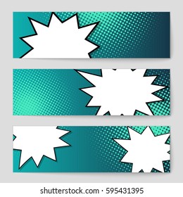 Abstract creative concept comic pop art style blank, layout template with clouds beams and isolated dots background. For sale banner, empty speech bubble set, vector illustration halftone book design