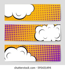 Abstract creative concept comic pop art style blank, layout template with clouds beams and isolated dots background. For sale banner, empty speech bubble set, vector illustration halftone book design