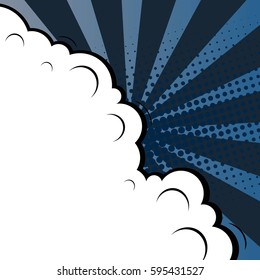 Abstract creative concept comic pop art style blank, layout template with clouds beams and isolated dots background. For sale banner, empty speech bubble set, vector illustration halftone book design