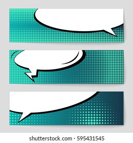 Abstract creative concept comic pop art style blank, layout template with clouds beams and isolated dots background. For sale banner, empty speech bubble set, vector illustration halftone book design