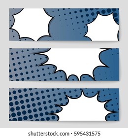 Abstract creative concept comic pop art style blank, layout template with clouds beams and isolated dots background. For sale banner, empty speech bubble set, vector illustration halftone book design