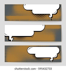 Abstract creative concept comic pop art style blank, layout template with clouds beams and isolated dots background. For sale banner, empty speech bubble set, vector illustration halftone book design