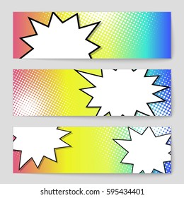 Abstract creative concept comic pop art style blank, layout template with clouds beams and isolated dots background. For sale banner, empty speech bubble set, vector illustration halftone book design