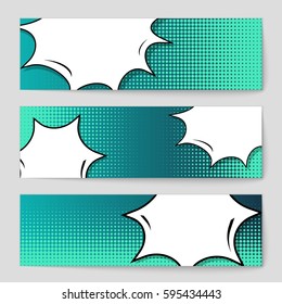 Abstract creative concept comic pop art style blank, layout template with clouds beams and isolated dots background. For sale banner, empty speech bubble set, vector illustration halftone book design