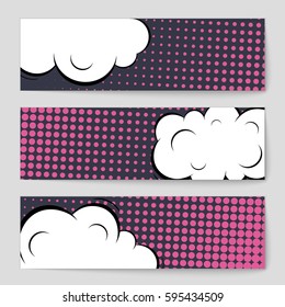 Abstract creative concept comic pop art style blank, layout template with clouds beams and isolated dots background. For sale banner, empty speech bubble set, vector illustration halftone book design