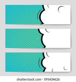 Abstract creative concept comic pop art style blank, layout template with clouds beams and isolated dots background. For sale banner, empty speech bubble set, vector illustration halftone book design