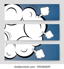 Abstract creative concept comic pop art style blank, layout template with clouds beams and isolated dots background. For sale banner, empty speech bubble set, vector illustration halftone book design